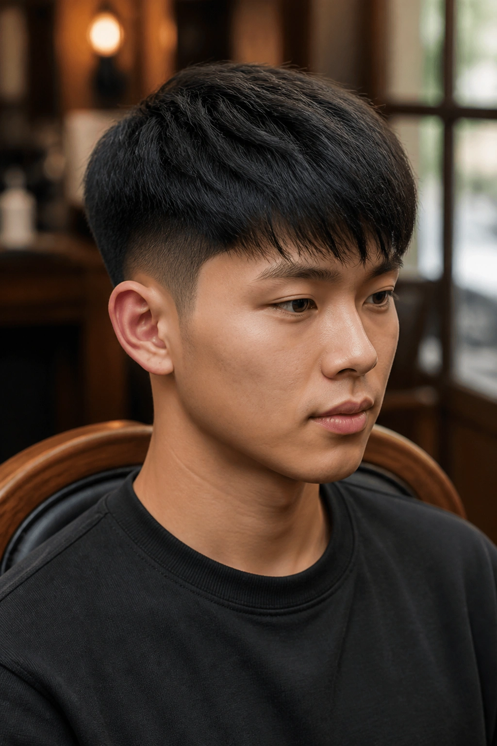 Close-up of a man with a two-block cut, showing short sides and a heavier top