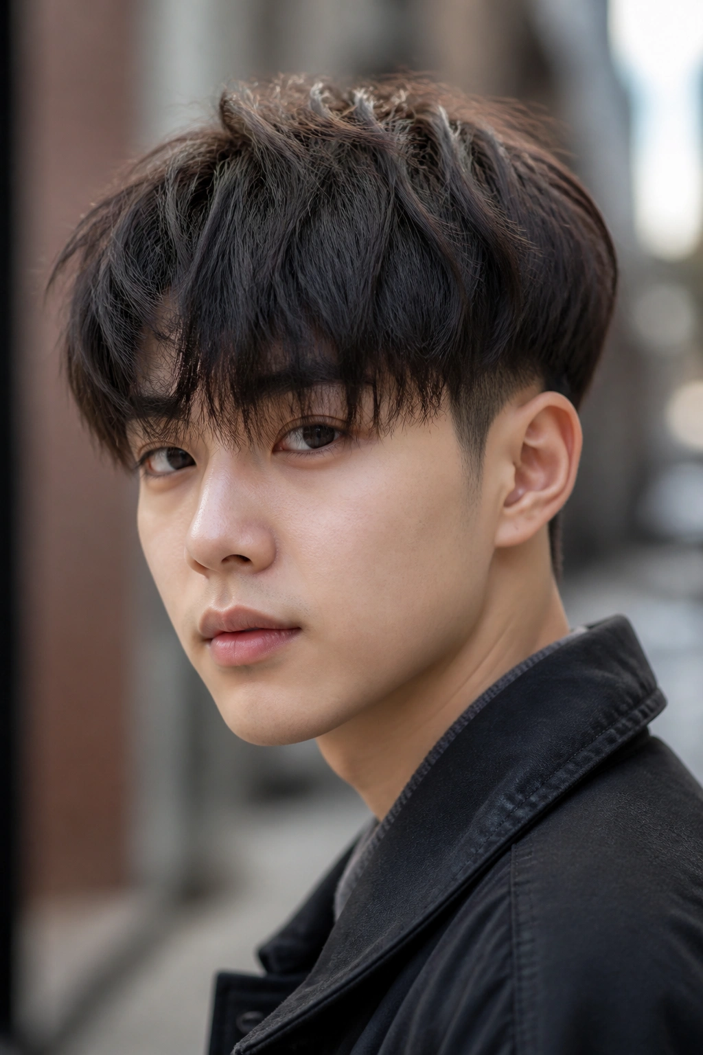 Real person with two-block cut and longer fringe on urban street