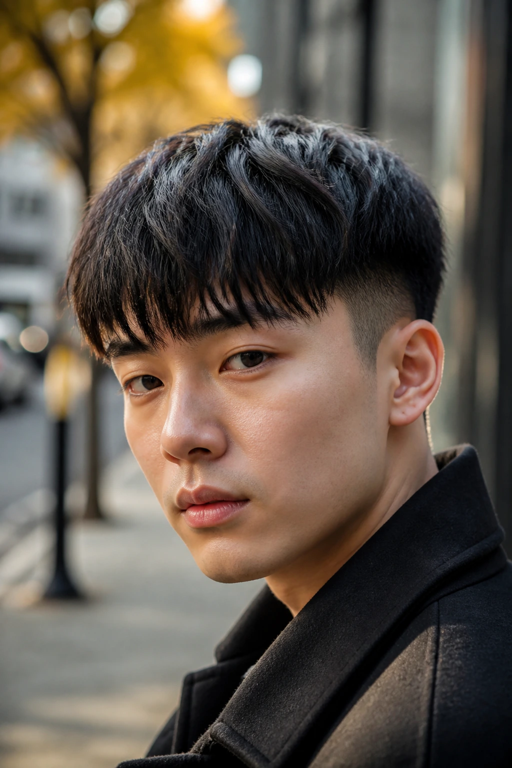 Two-block fringe close-up portrait showing two-block cut with tight fade