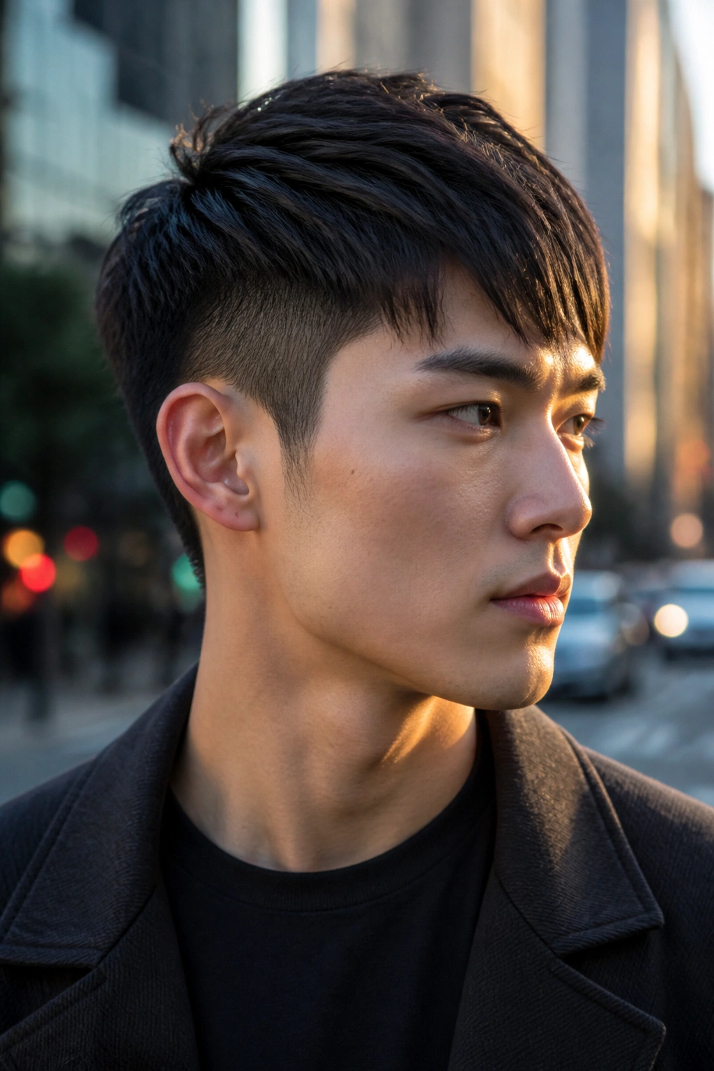 Man with two-block pixie haircut on urban street backdrop.