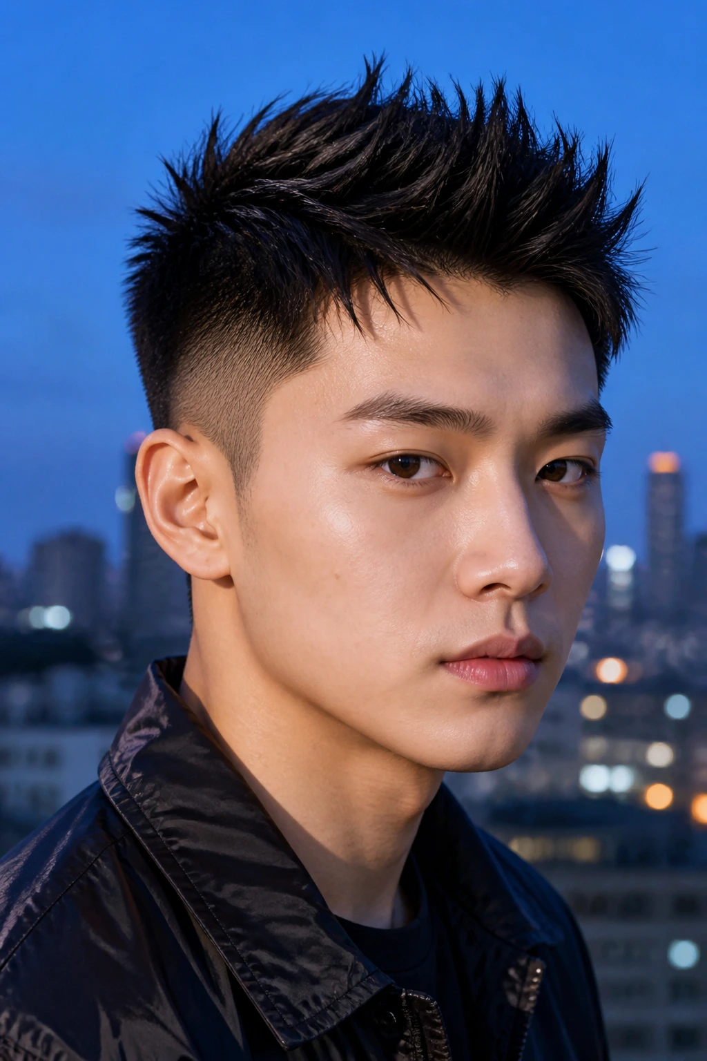 Close-up portrait of a real person with a two-block spiky cut.