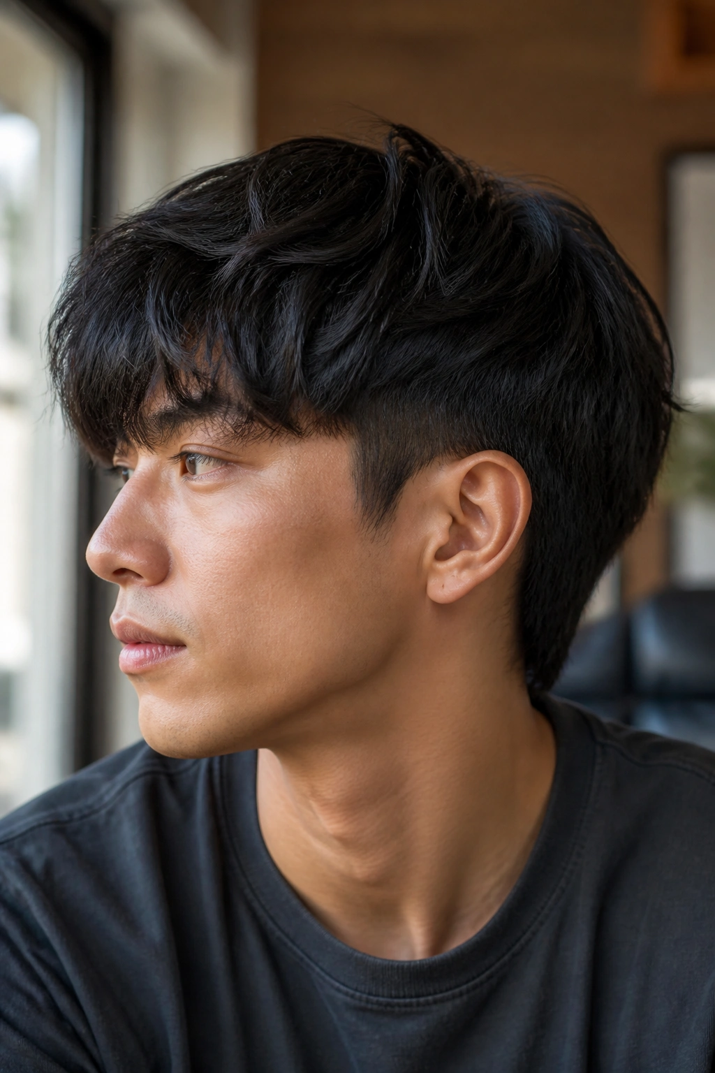 Close-up portrait of a man with a two-block wolf cut, top over shorter sides.