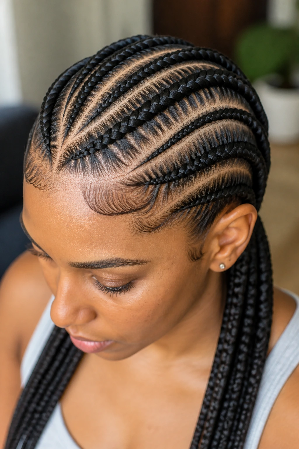 Portrait of a woman showing two-layer cornrows with a stacked, dimensional pattern.