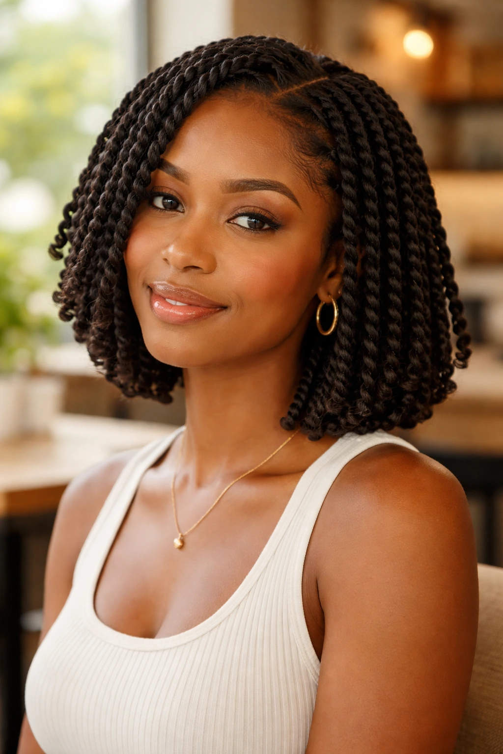 Close-up of real woman with a two-strand twist bob.