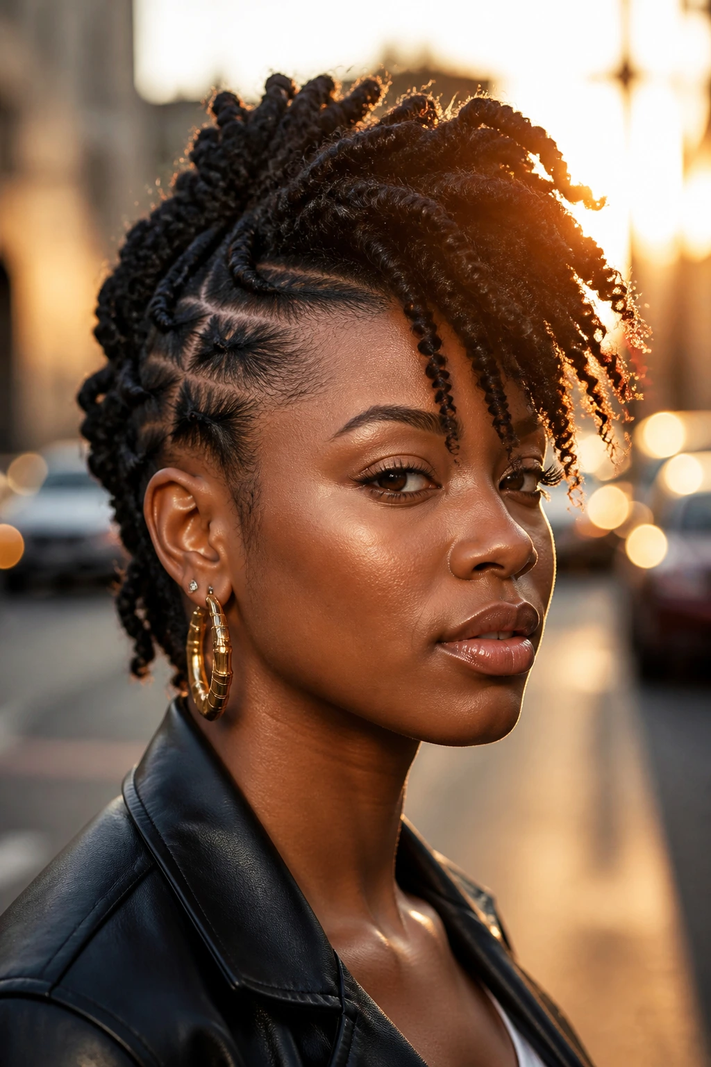 Close-up portrait of a person with two-strand twist frohawk