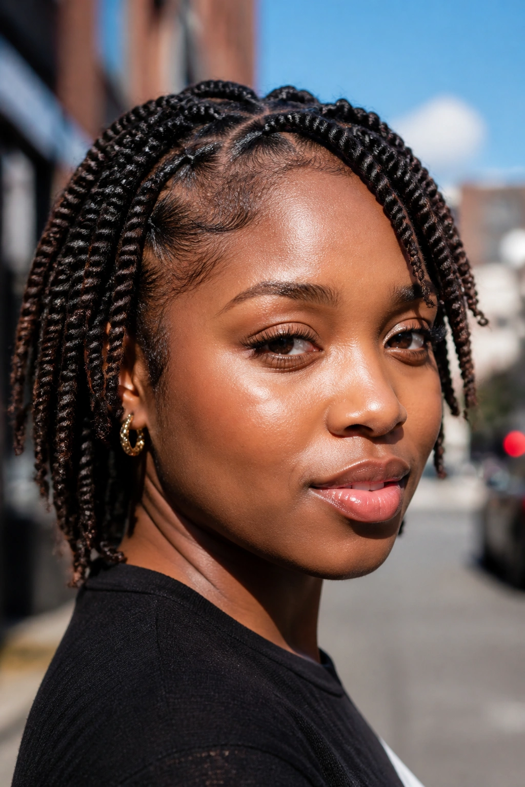 Close-up of a person with two-strand twisted short locs