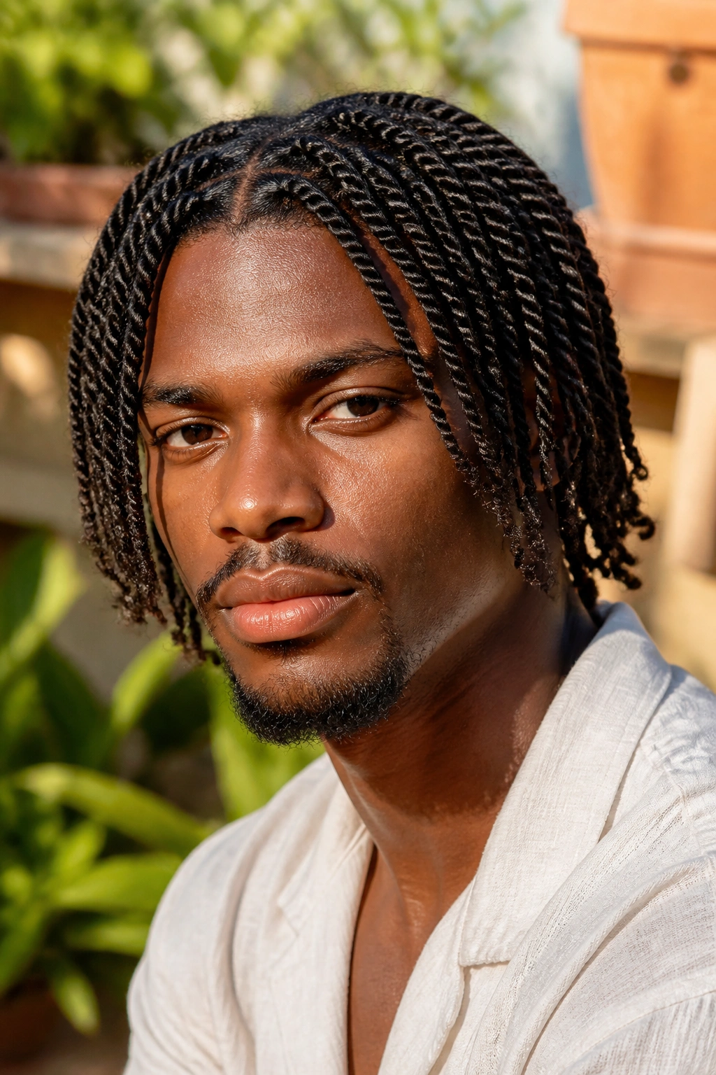 Close-up of a man with two-strand twists in warm outdoor light