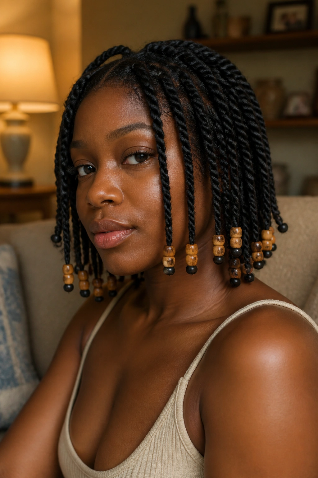 Close-up of a real person with two-strand twists and beads