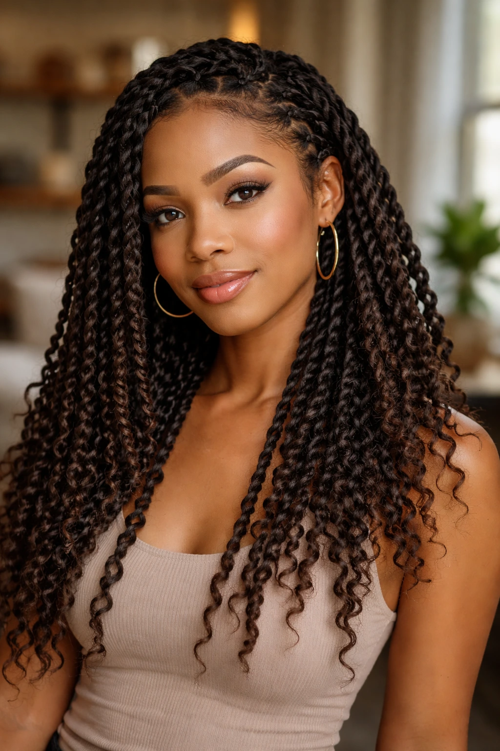 Close-up of a real woman with two-strand twists cascading over the shoulders