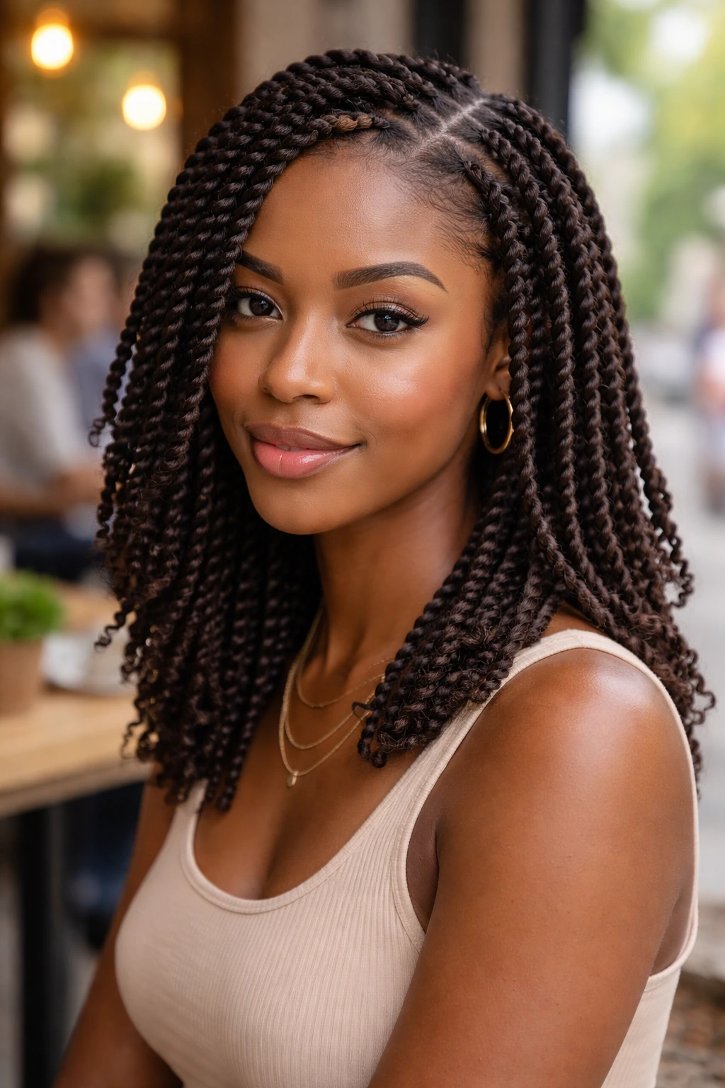 Close-up of a real woman's two-strand twists hairstyle