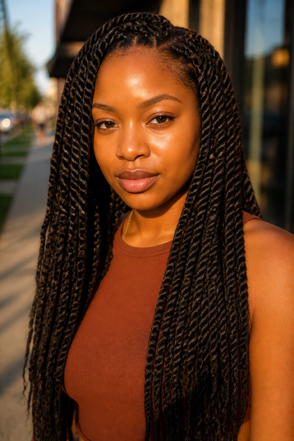 Close-up of a real person with long two-strand twists outdoors at golden hour