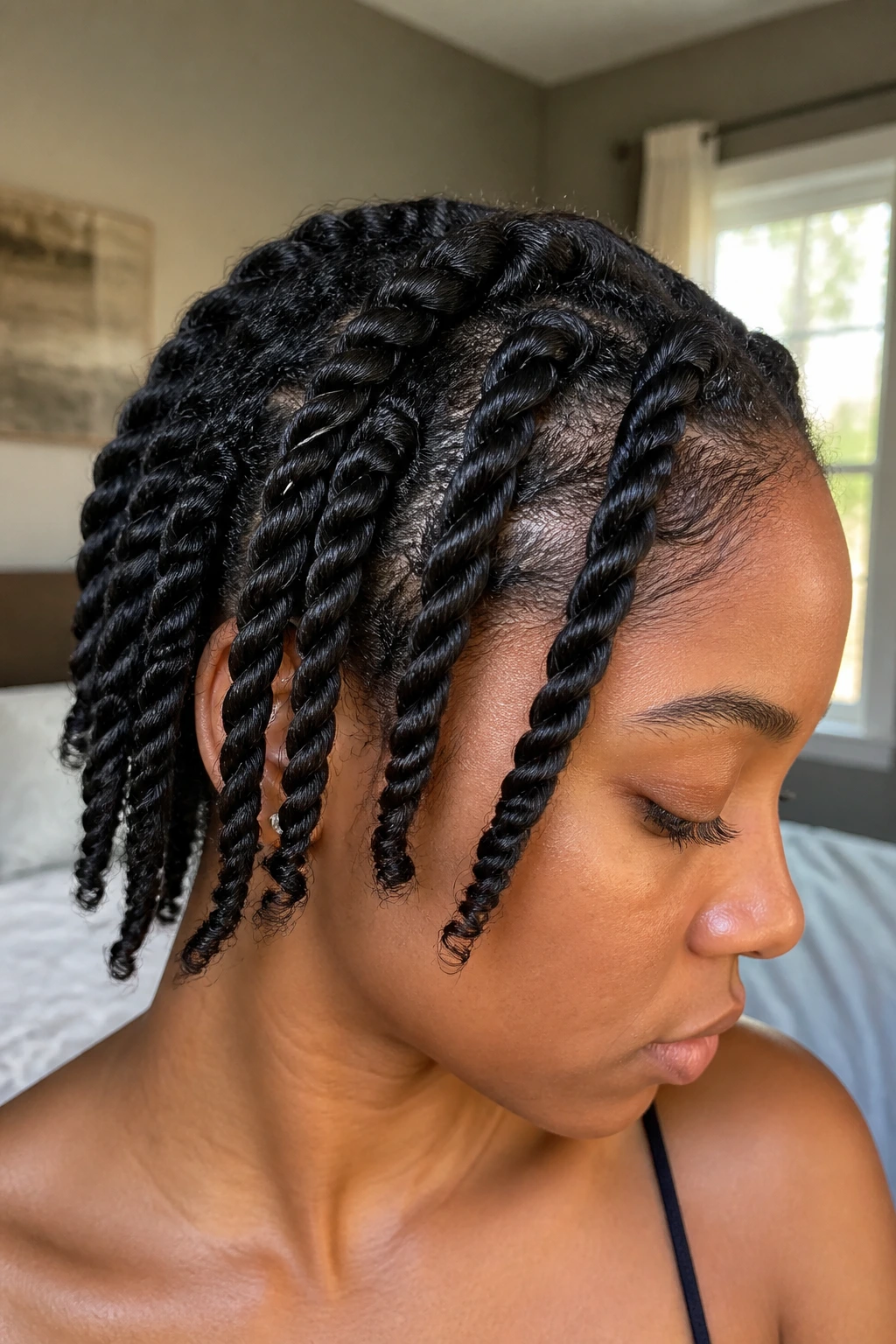 Close-up of a real person with two-strand twists, natural window light
