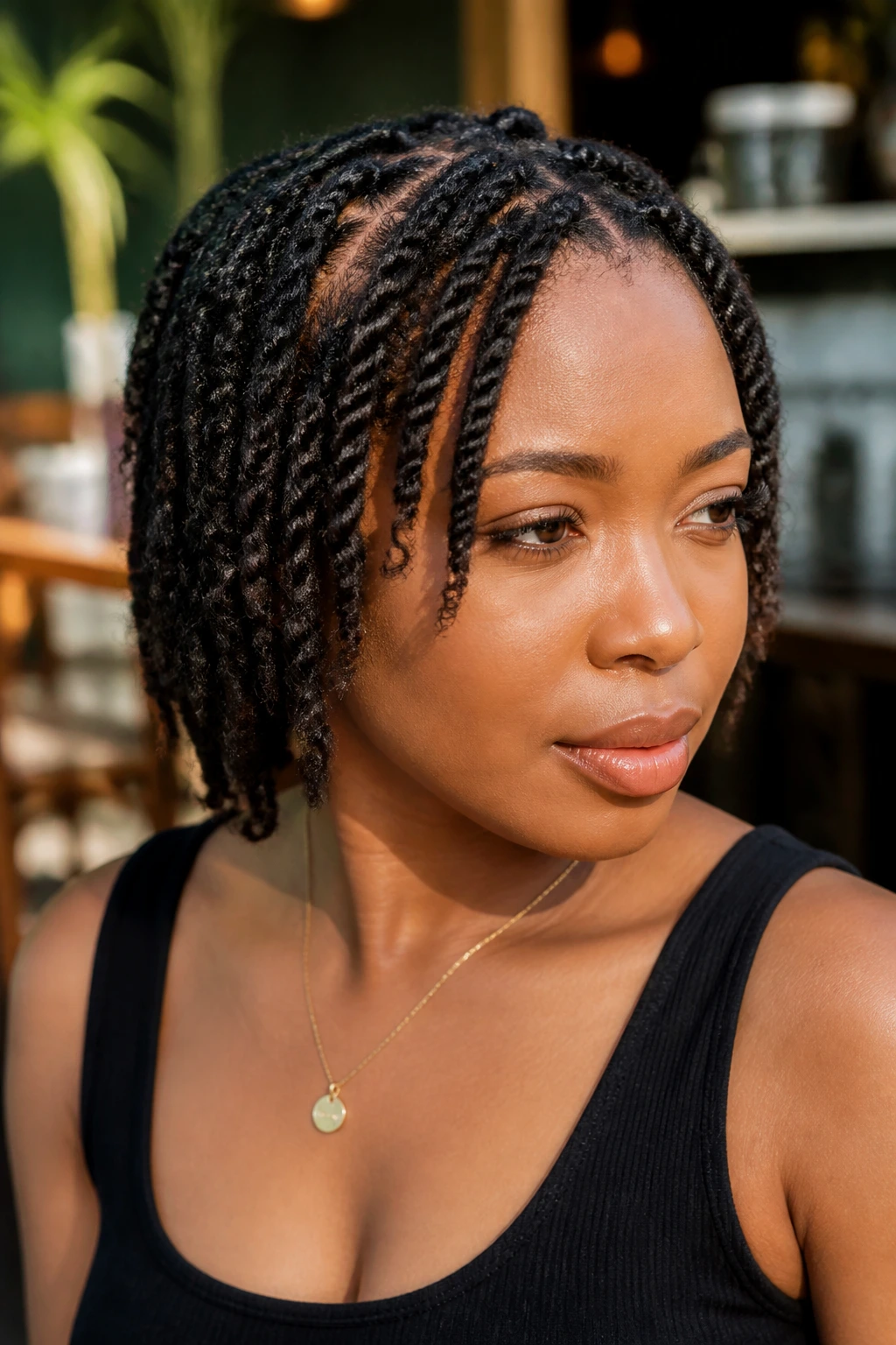 Close-up of a real person with two-strand twisted short locs.