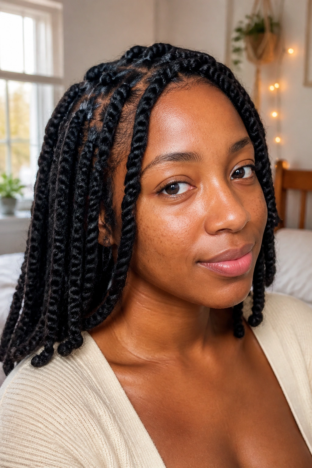 Close-up portrait of a real woman with classic two-strand twists, softly lit by window light