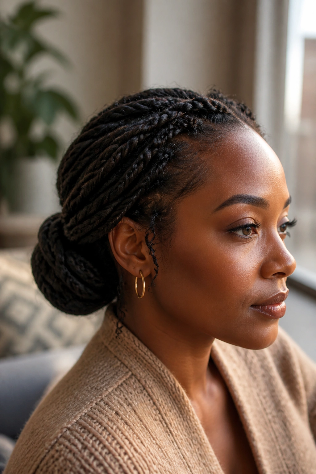 Portrait of a real person wearing a two-strand twist updo with a low bun