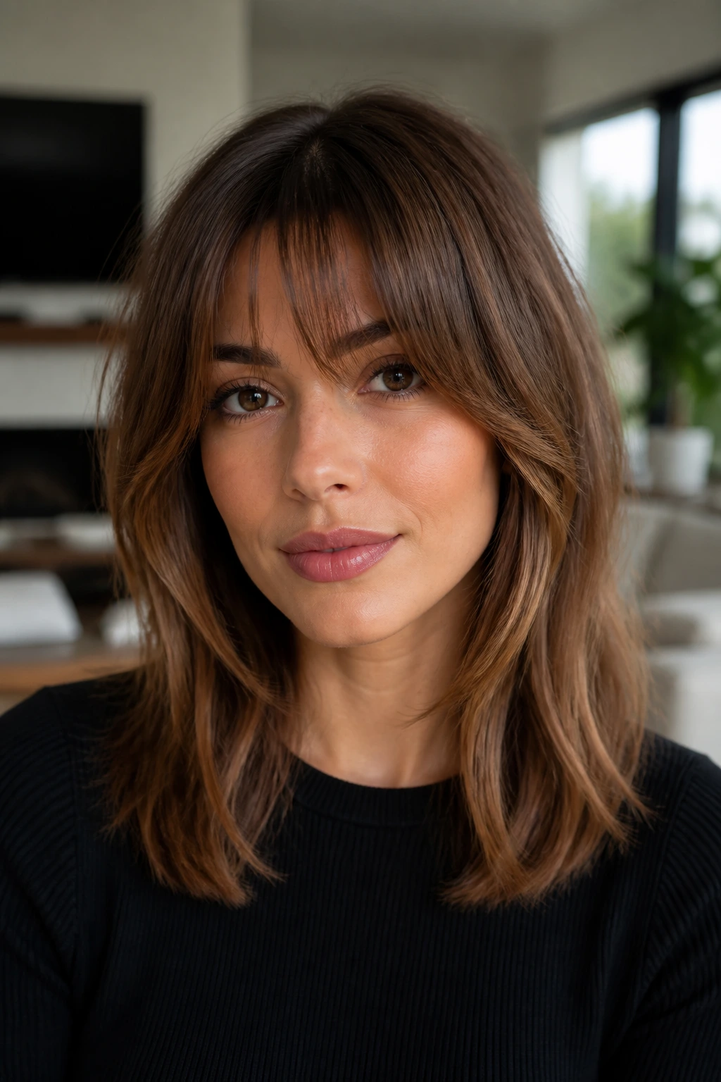 Close-up of a woman showing a two-tiered fringe with inner and outer layers