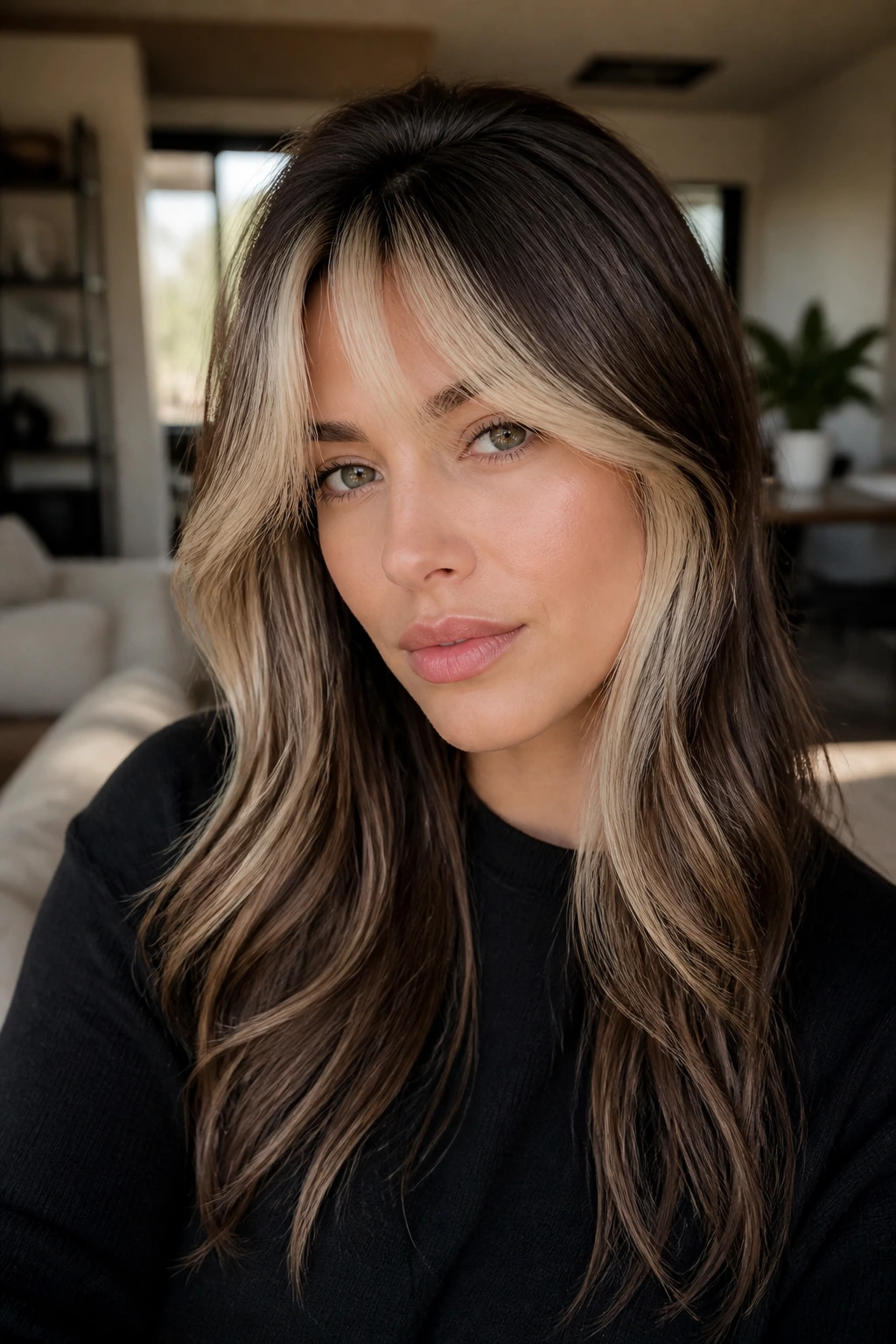 Real woman with two-tone long bangs in a cozy living room.