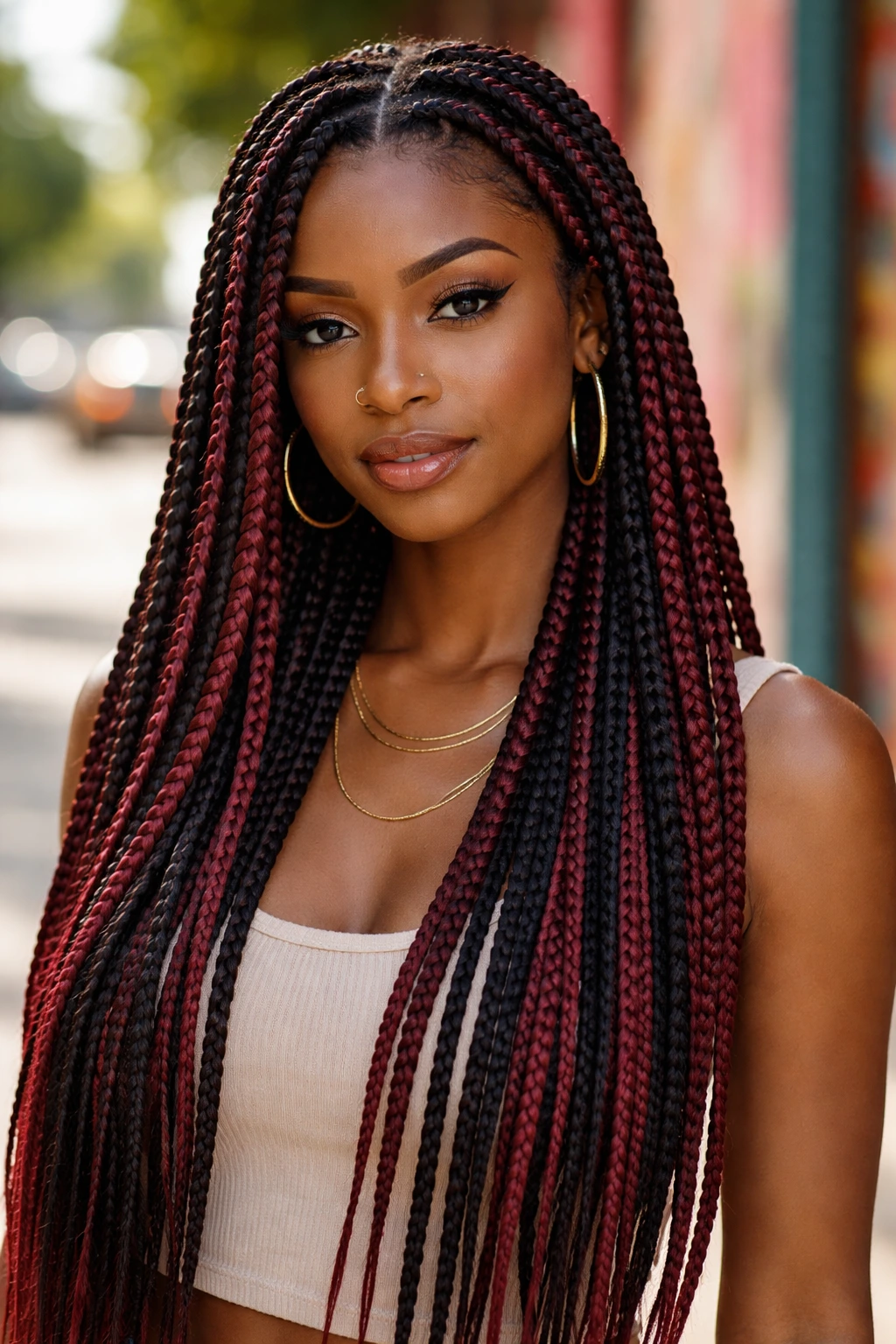 Portrait of a woman with two-tone box braids on a city street