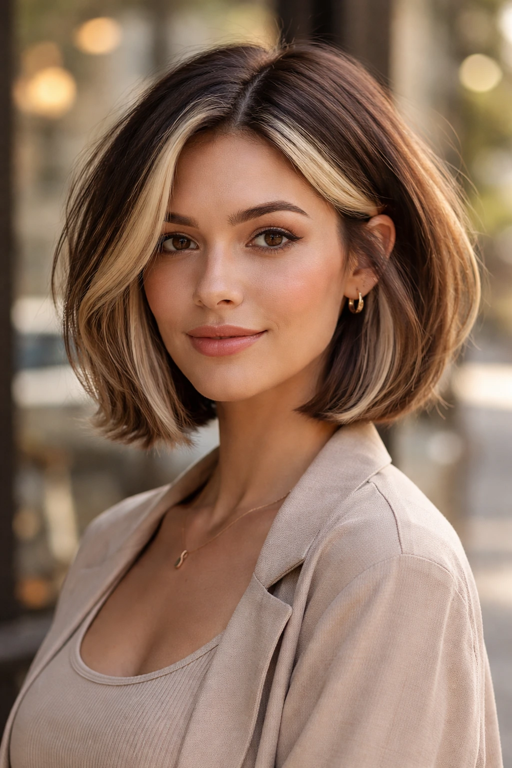 Close-up portrait of a real woman with a two-tone dimensional bob.