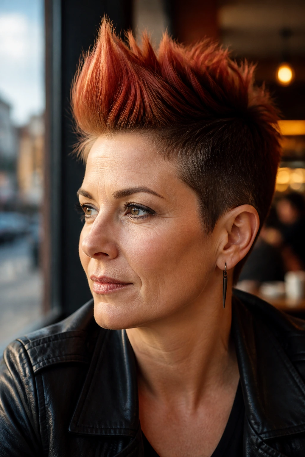 Close-up of a real woman with a two-tone faux hawk, dark sides and copper center peak