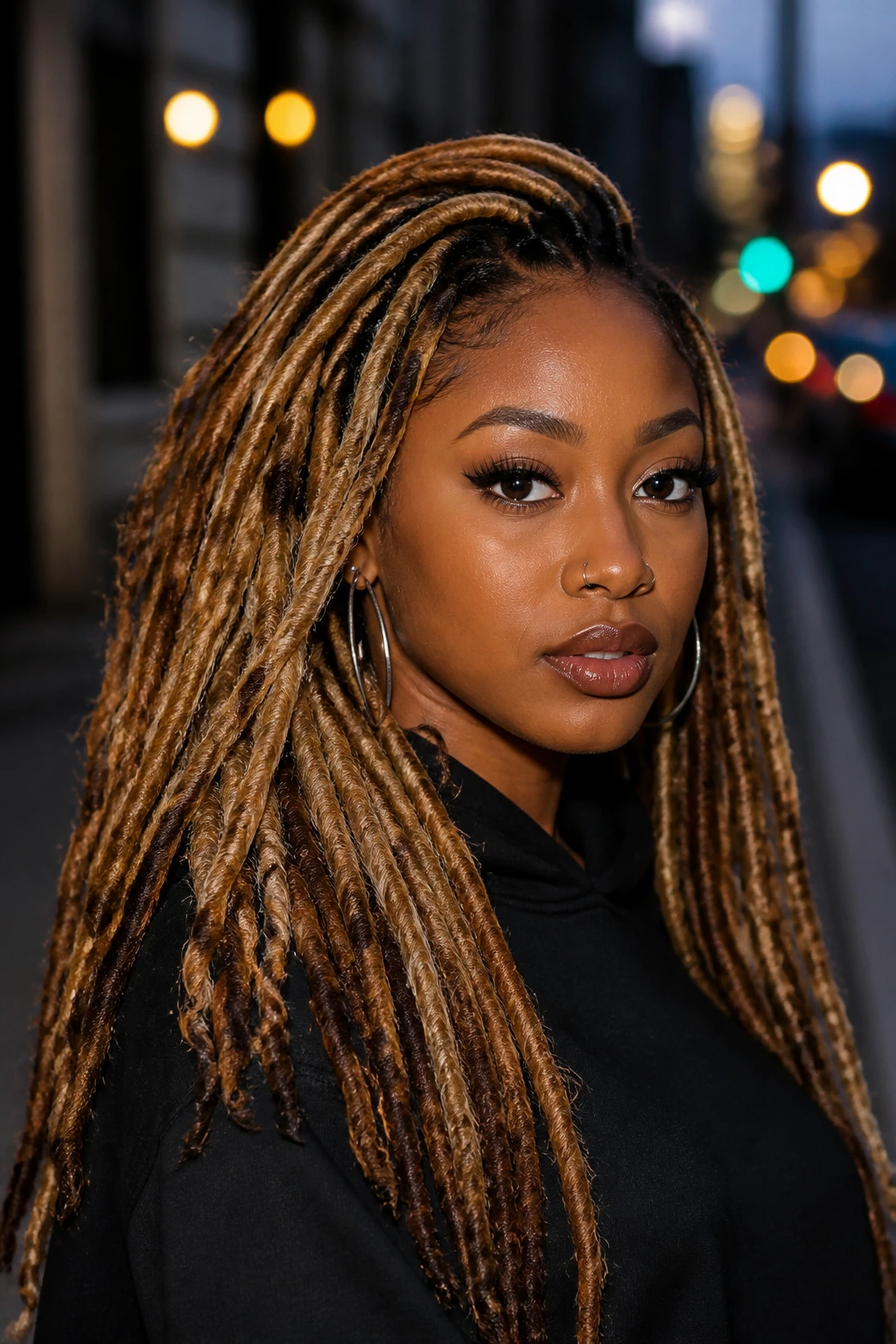 Close-up portrait of a real woman with two-tone brown and blonde locs
