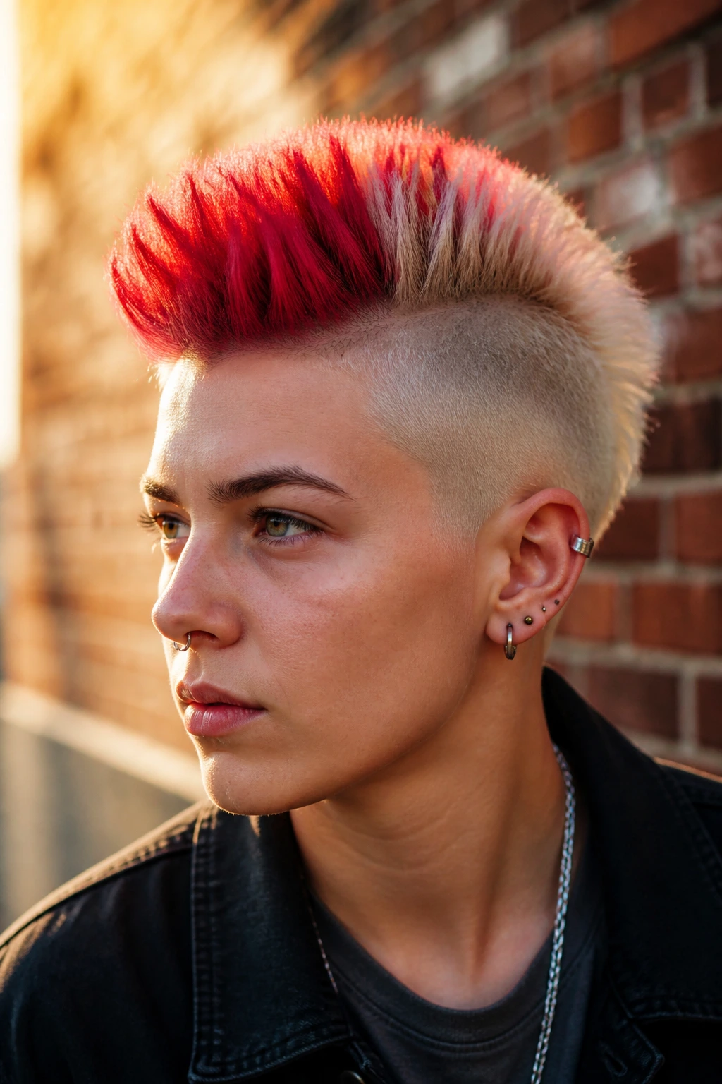 Close-up of a real person with a two-tone faded mohawk and bright center strip.