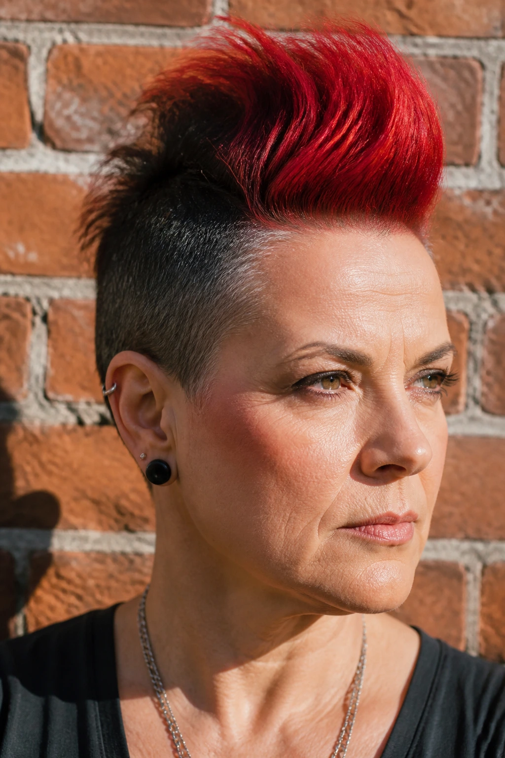 Person with two-tone mohawk showing dark sides and bright center against brick wall.