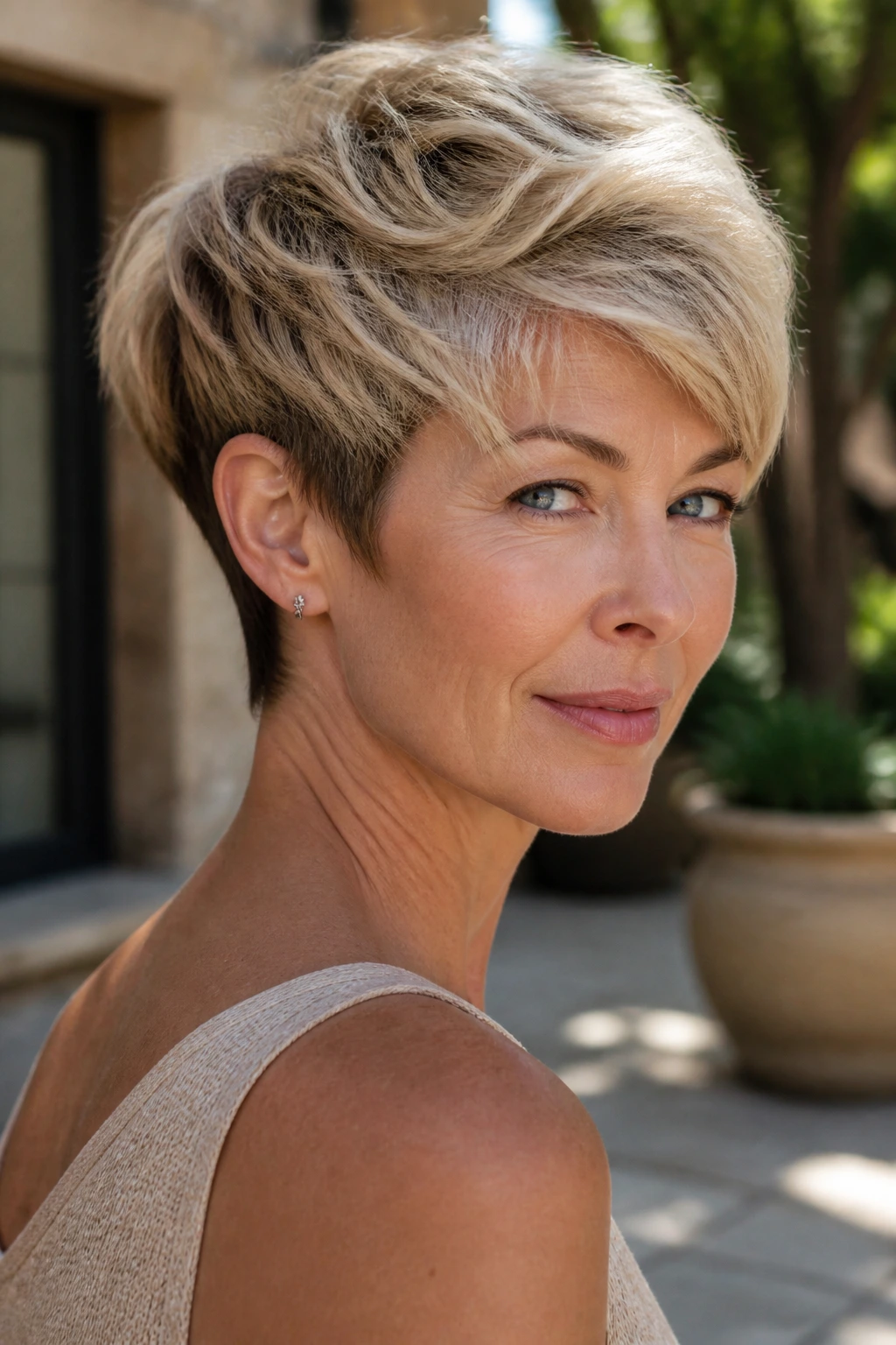Close-up portrait of a real woman with two-tone blonde pixie and darker underlayers