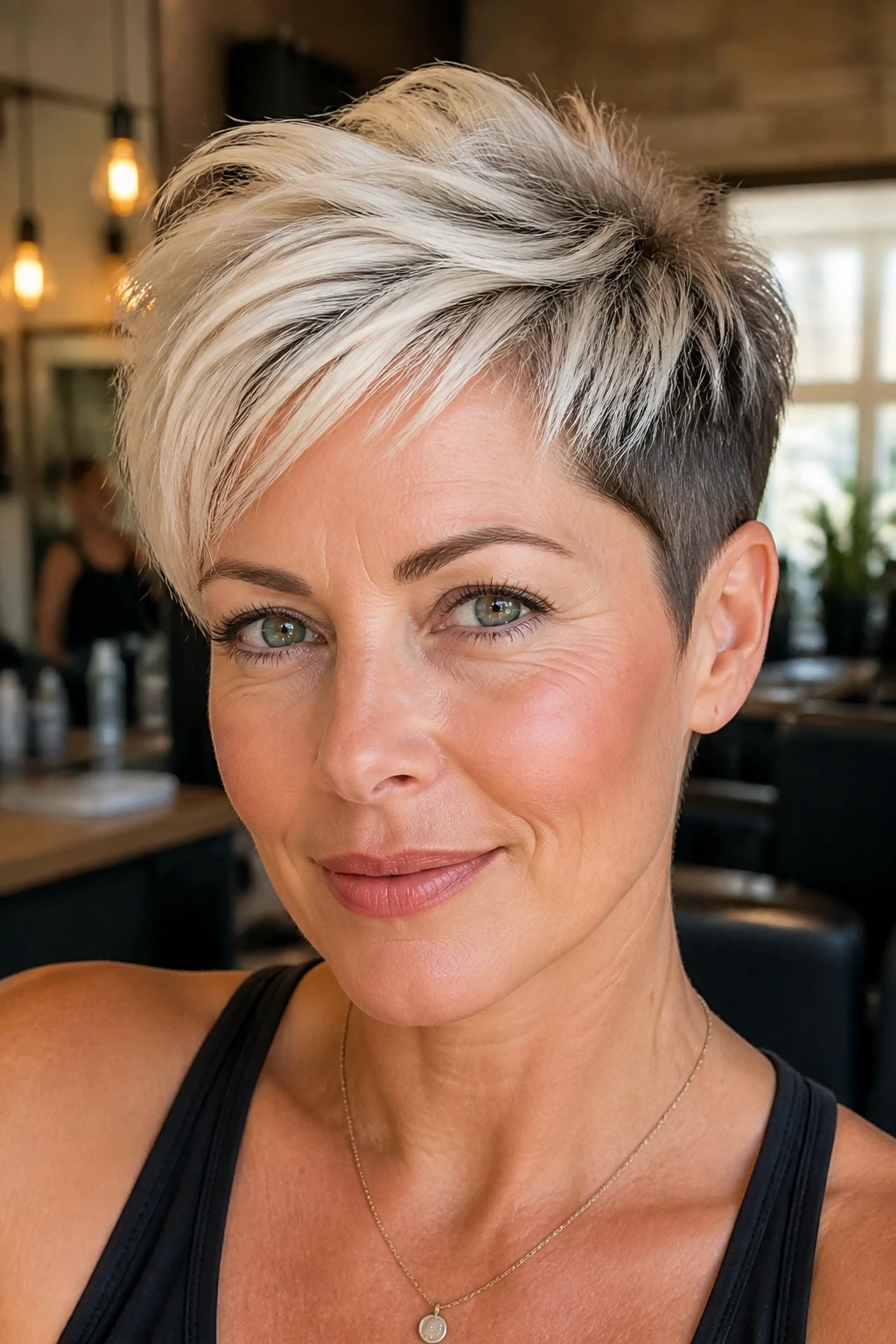 Close-up portrait of a real woman with a two-tone pixie hairstyle