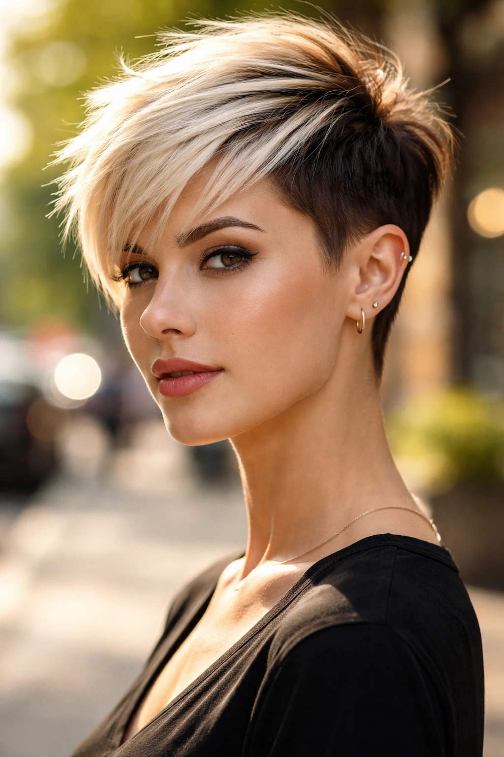 Real woman with two-tone pixie showing dark base and lighter top.