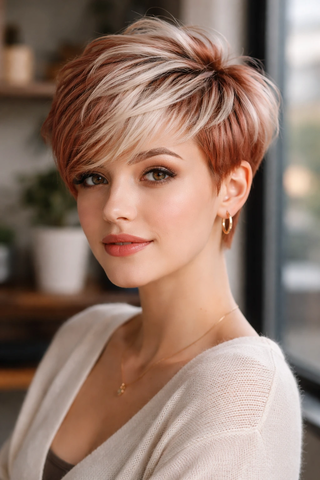 Portrait of a real woman with two-tone strawberry and platinum pixie