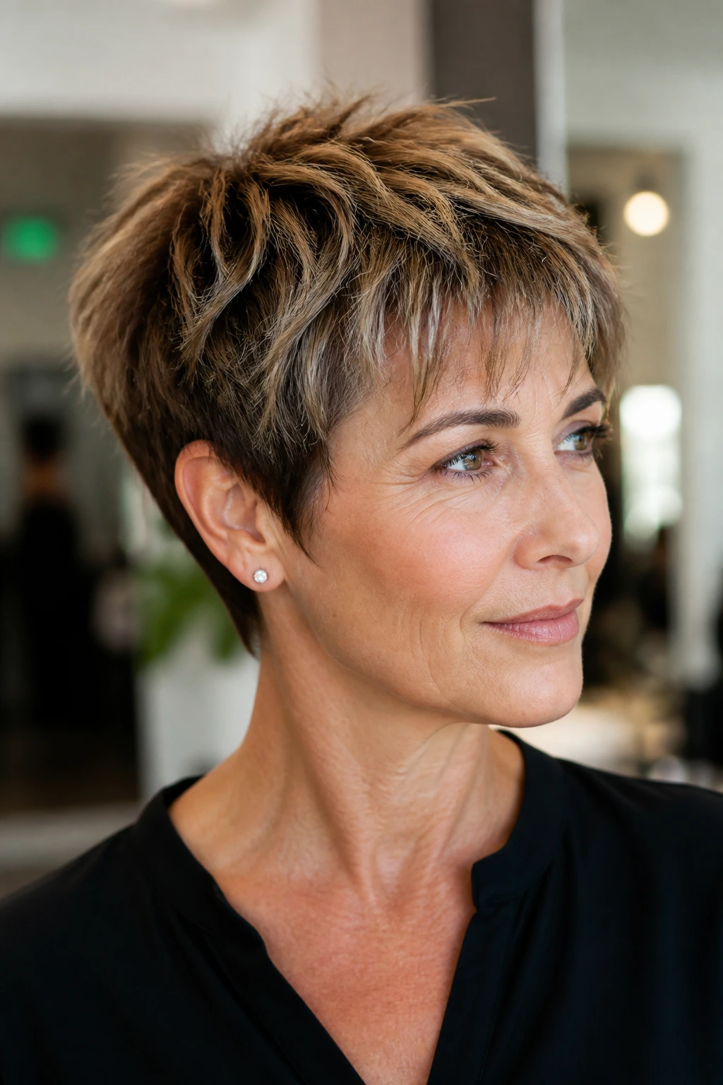 Close-up of a real woman with a two-tone textured pixie and balayage highlights.