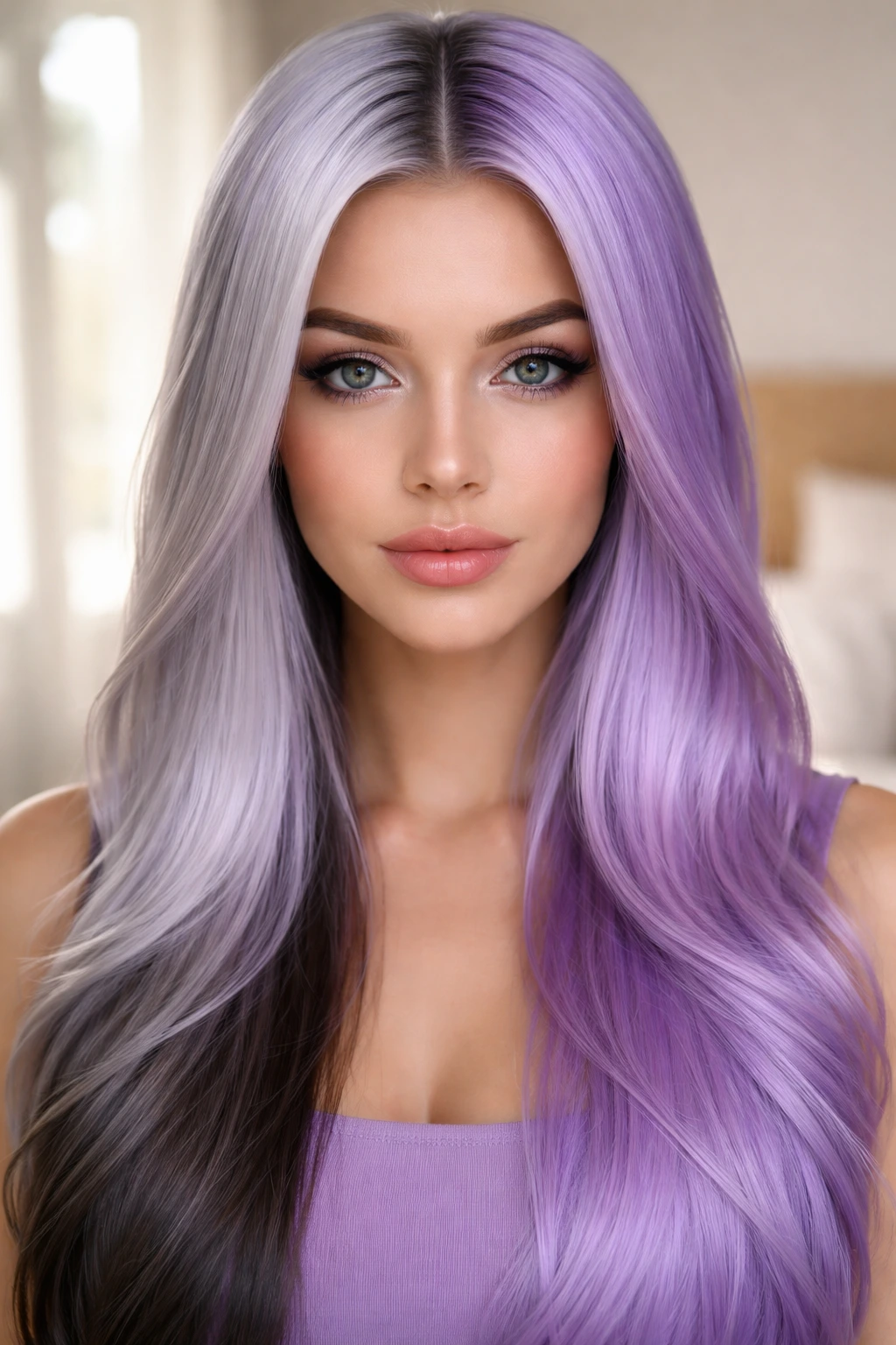 Close-up portrait of a real person with split-dye Two-Tone Purple and Silver hair