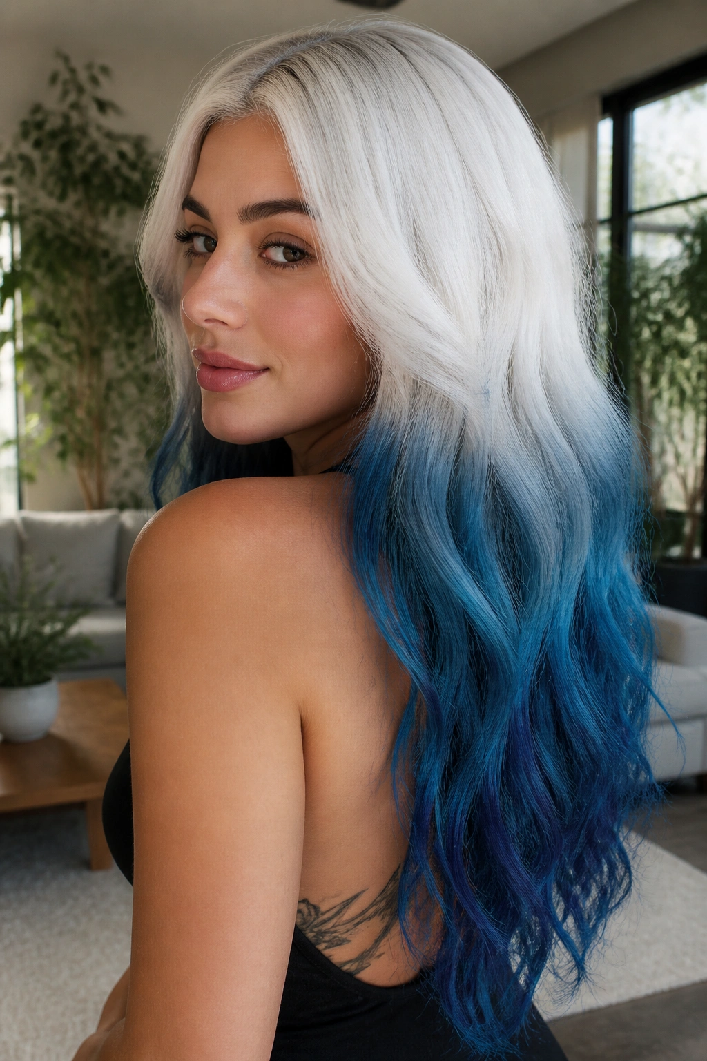 Close-up portrait of a real woman with white silver top and blue lower hair on long waves