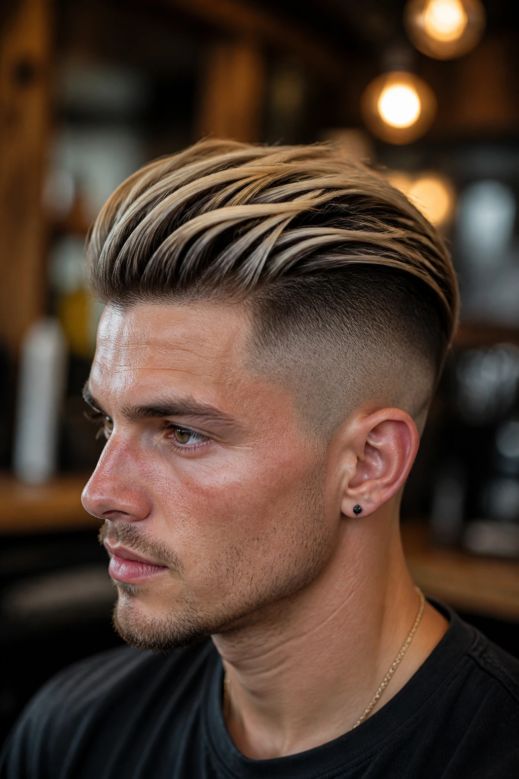 Close-up portrait of a man with dark undercut and lighter blonde highlights on top in a barbershop setting.