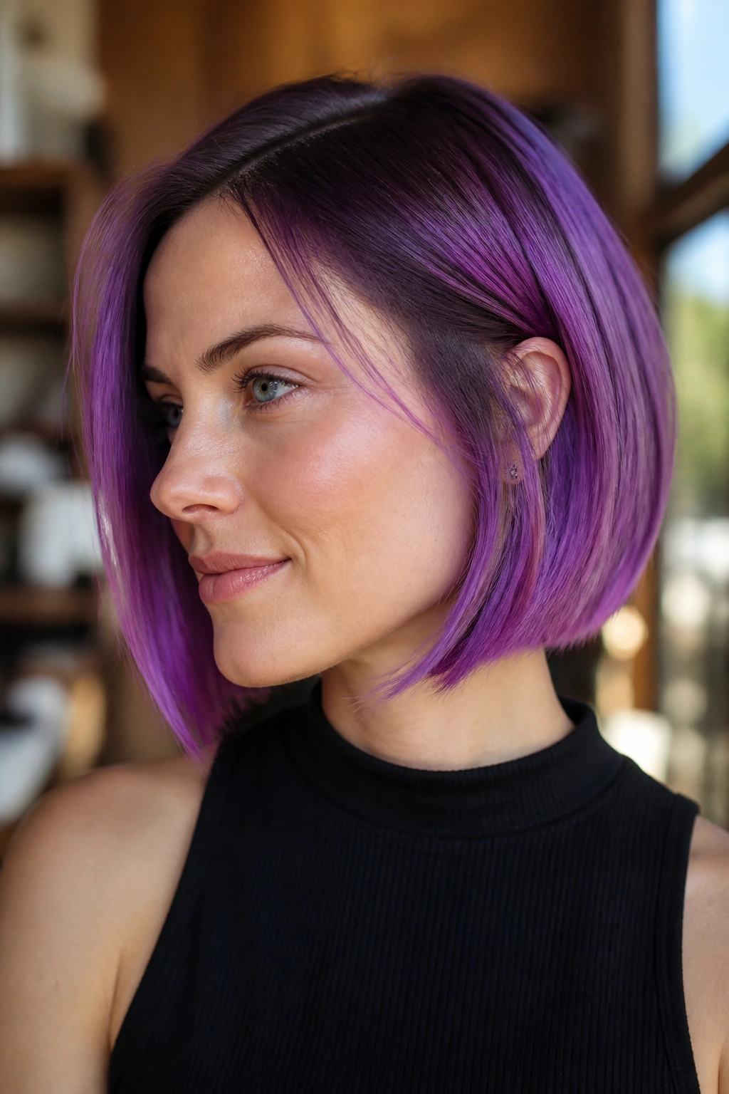 Close-up portrait of a real woman with a two-tone violet bob featuring a darker root and brighter violet ends.