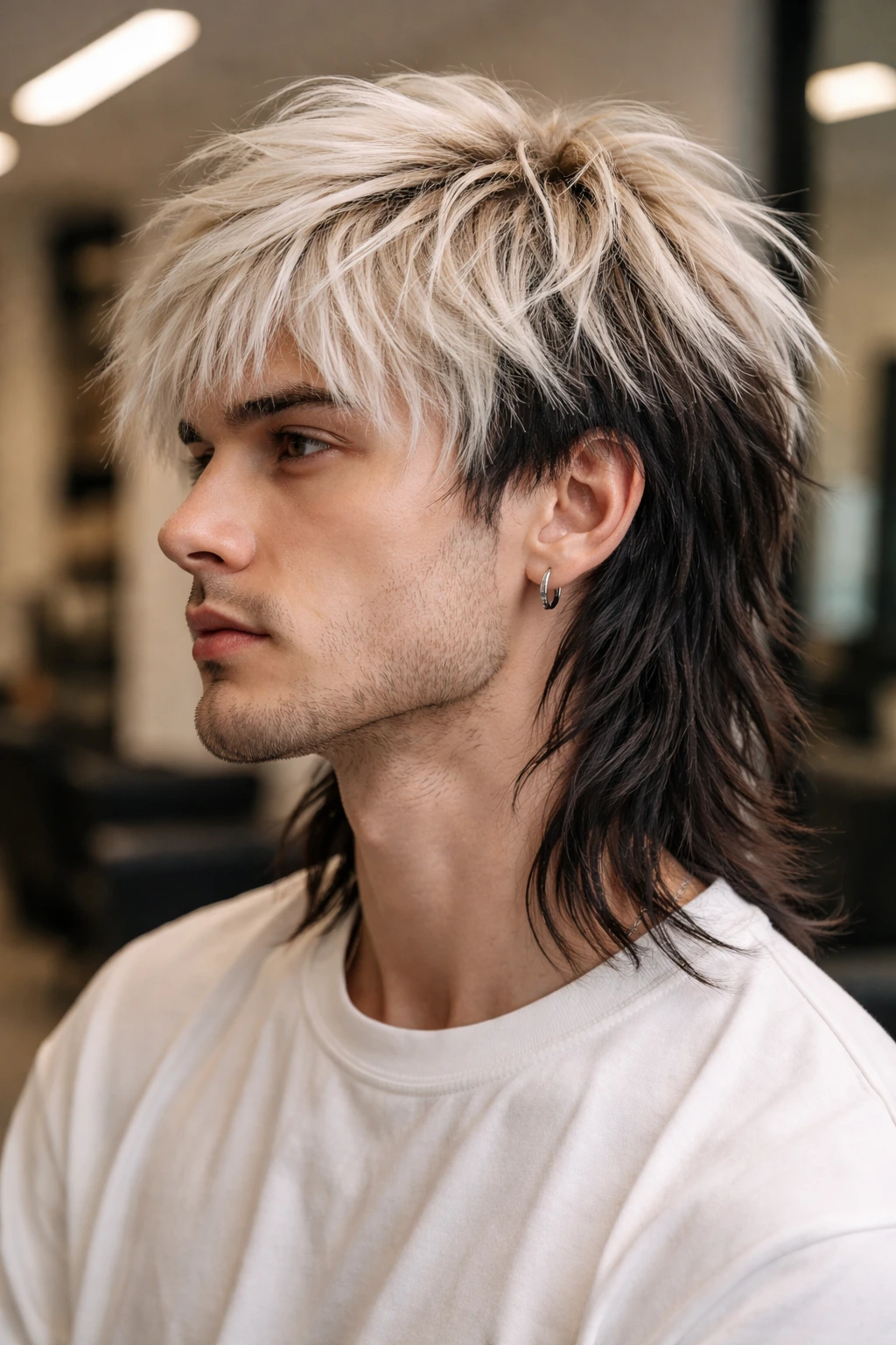 Close-up of a person with two-tone wolf cut showing color contrast between layers