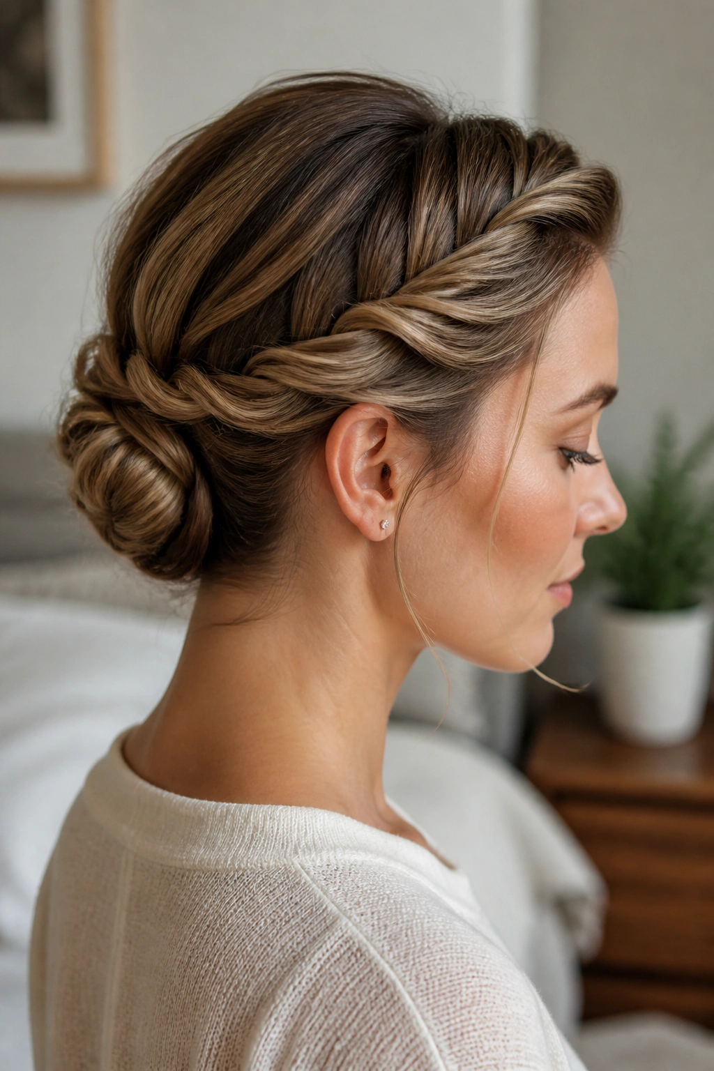 Close-up of real person with two-twist knotted updo