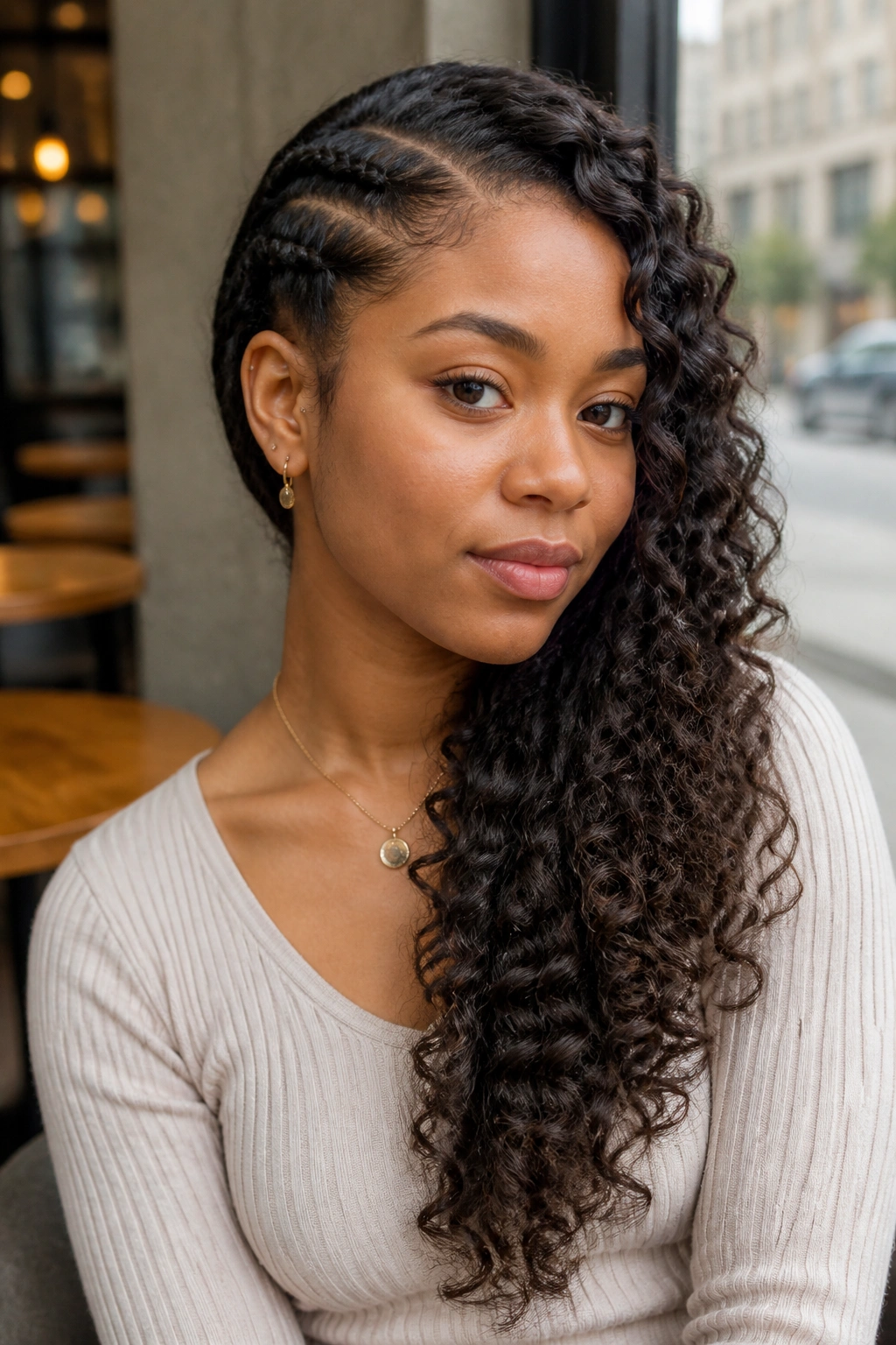 Close-up portrait with two flat twists forming a side cascade over the shoulder