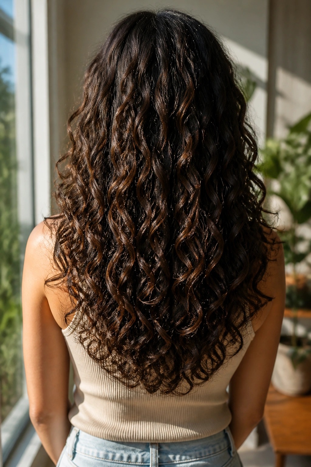 Portrait of a woman with U-cut long curls showing a soft curved back edge