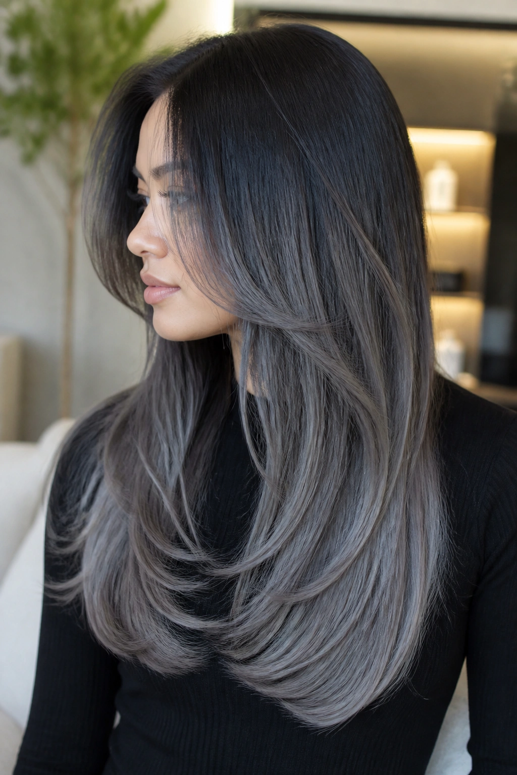 Profile close-up of long hair with a U-cut pewter-to-silver blend