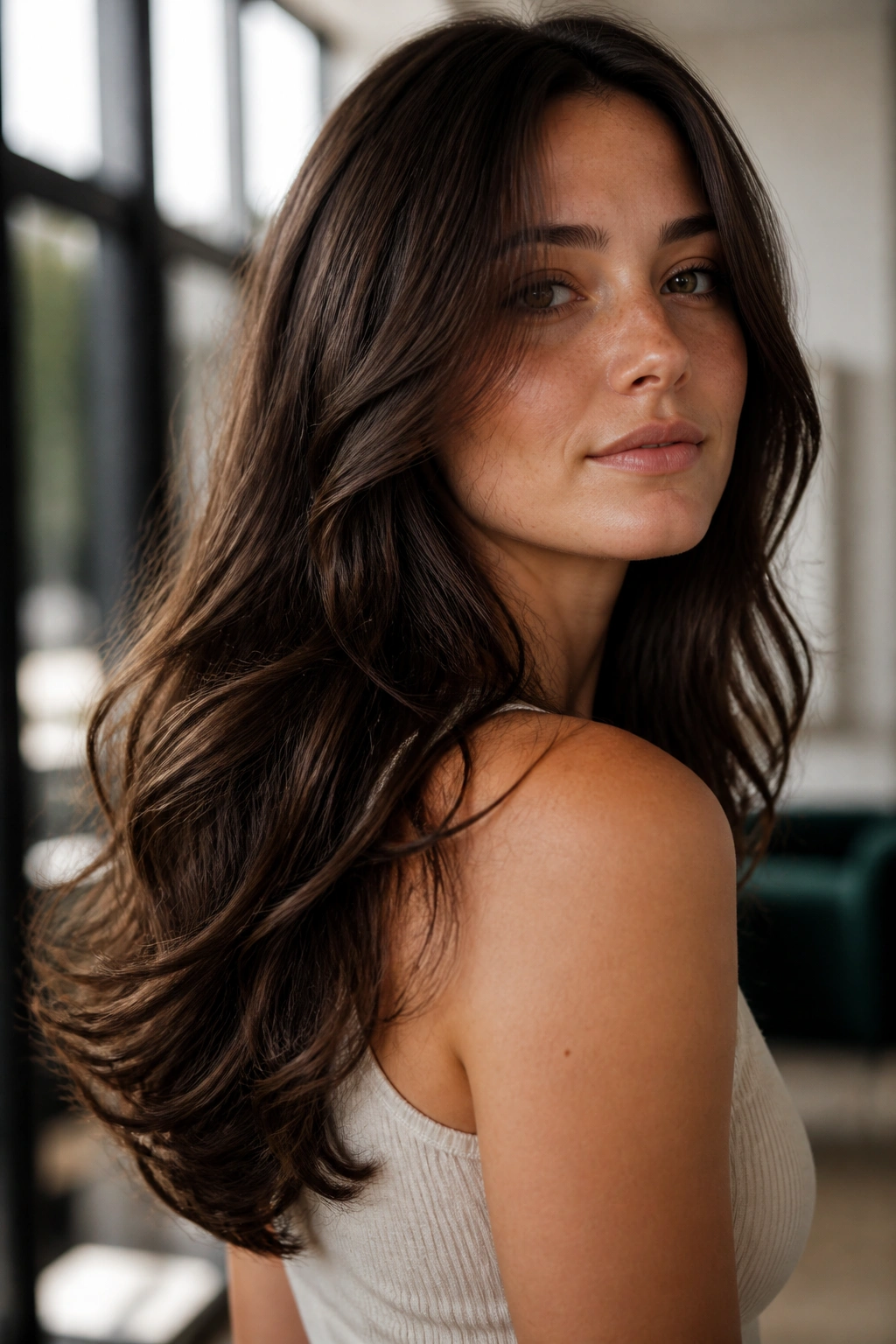 Long wavy hair in a subtle U-cut, portrait shot.