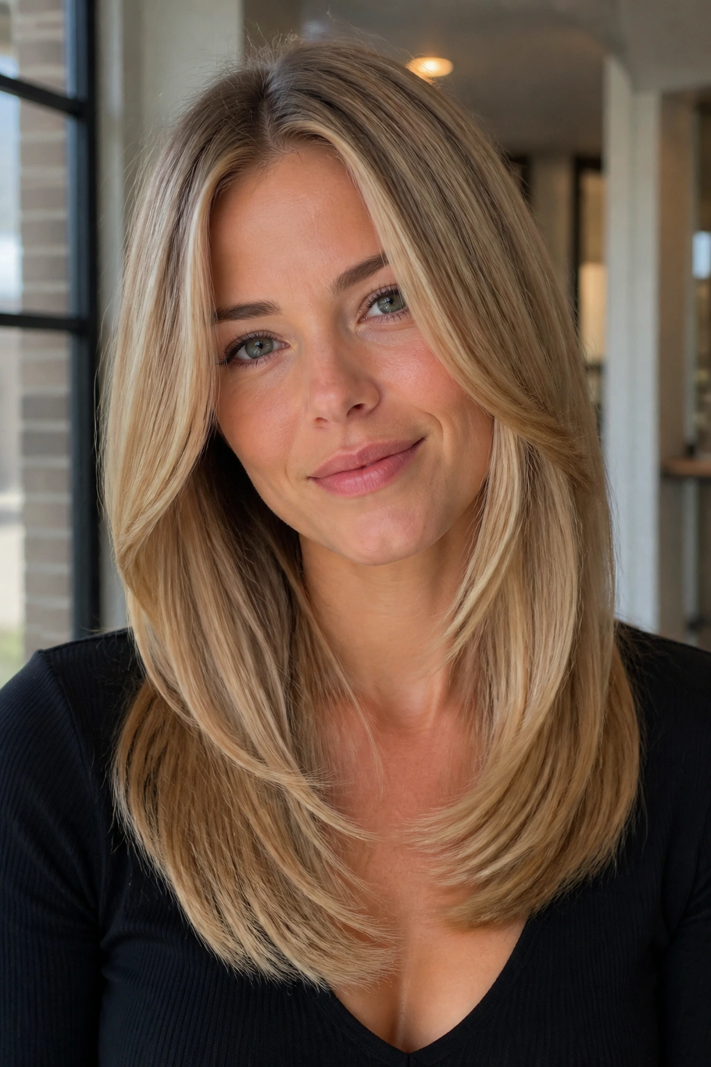Real woman with U-shaped blonde cut and soft ends in honey blonde