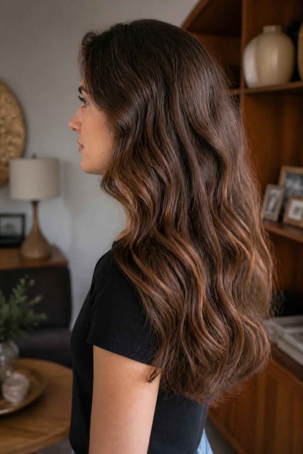 Side-profile of a real woman with a soft U-shaped wavy ends