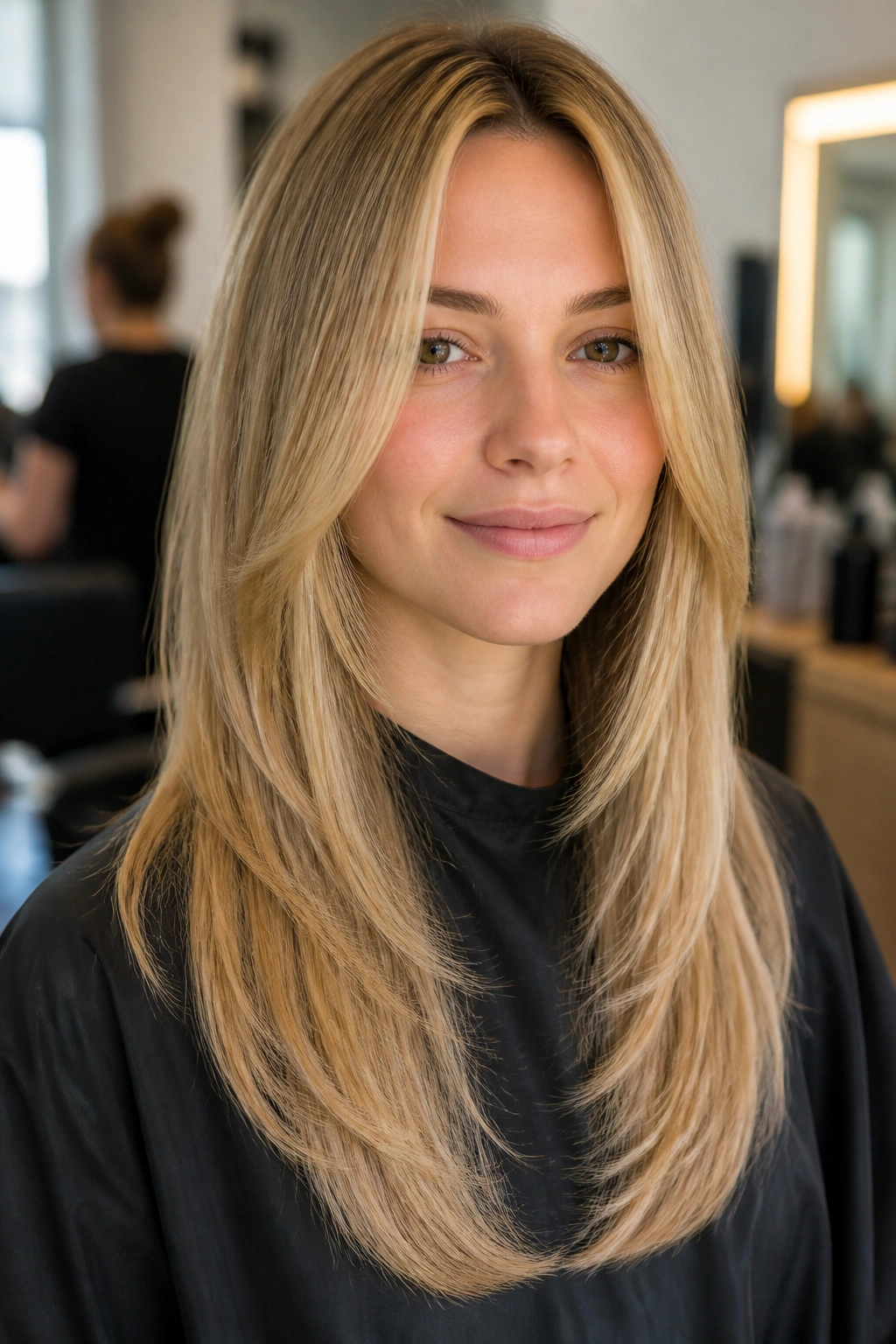 Close-up of real woman with a U-shaped straight long cut featuring beige blonde highlights