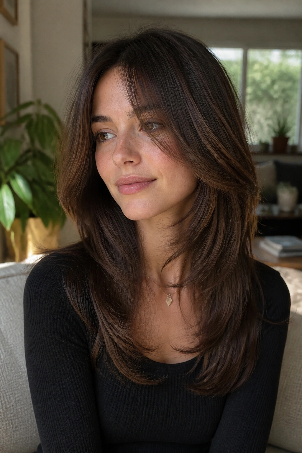 Portrait of real woman with U-shape shag, U-shaped perimeter visible at back
