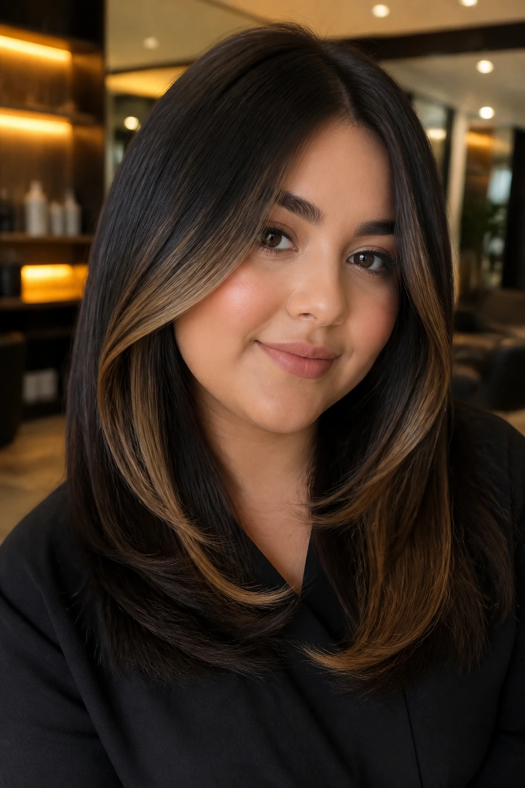 Close-up portrait featuring U-shaped balayage framing the face