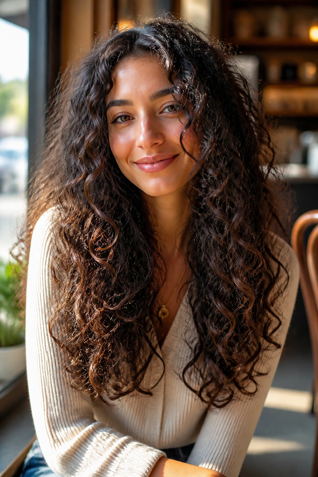 Close-up of a real person with long curls showing a soft U-shaped layer in a sunlit cafe setting