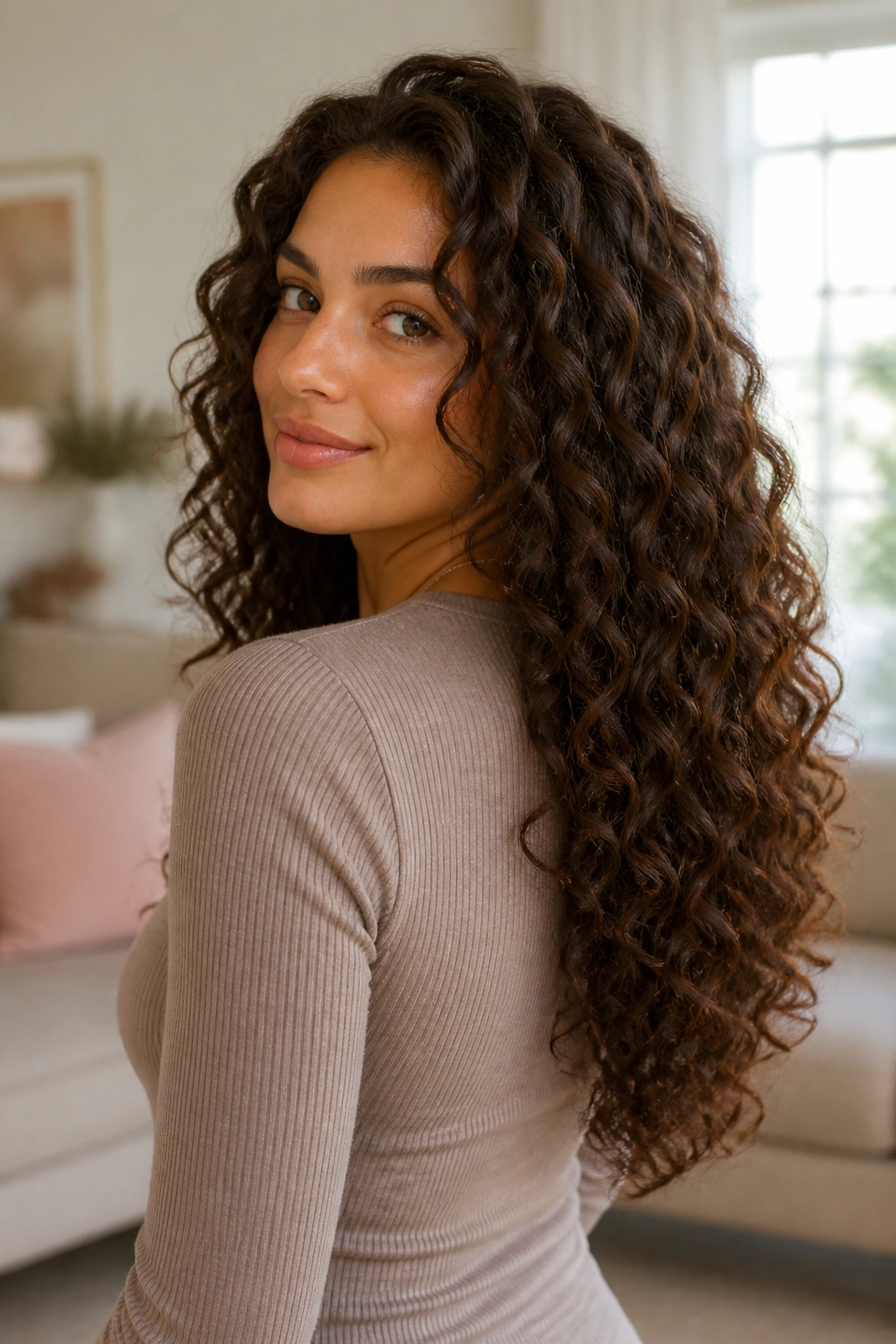 Real woman with a soft U-shaped curly cut, curls draping over shoulders.