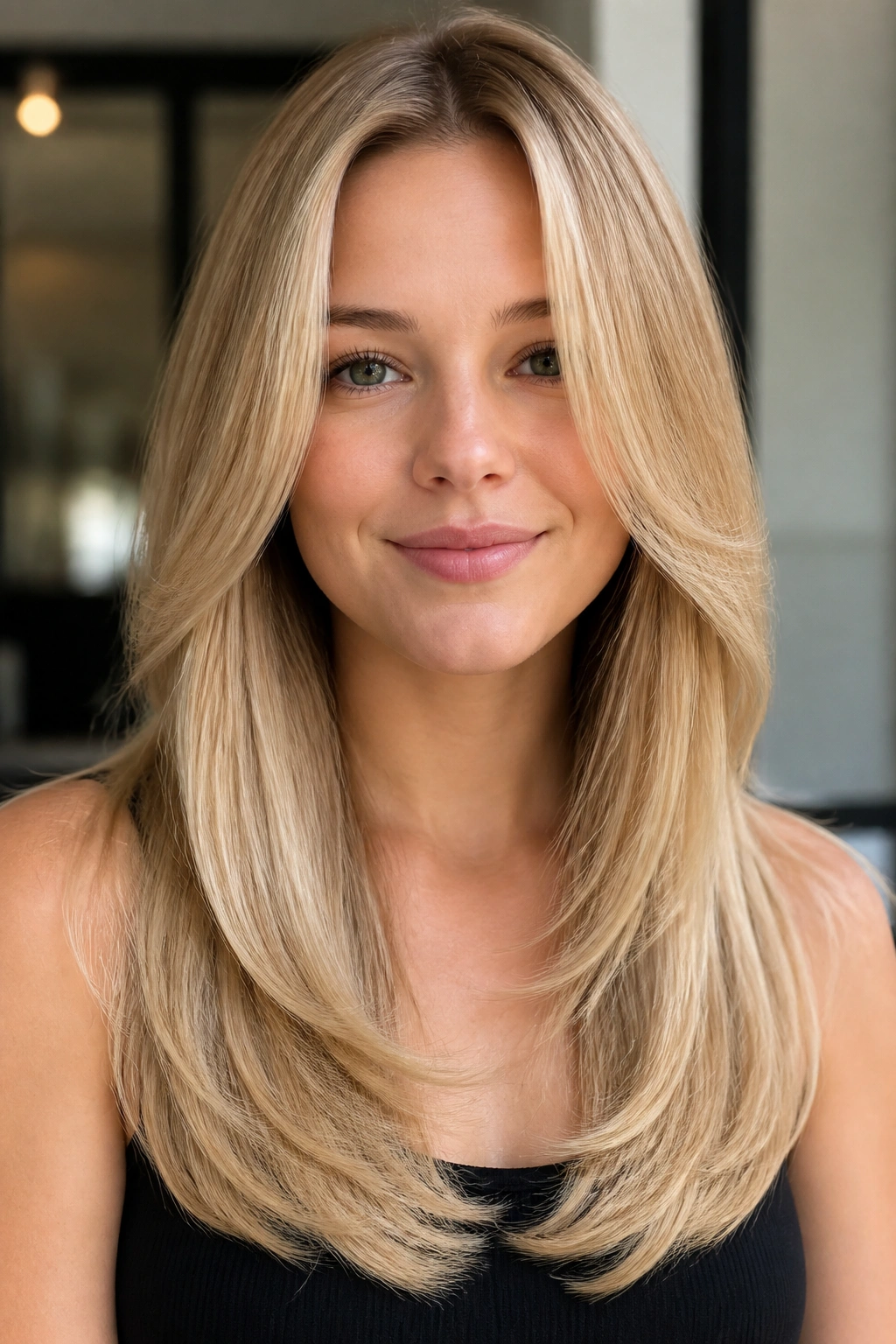 Close-up of a real woman with a U-shaped cut and beveled ends in blonde hair